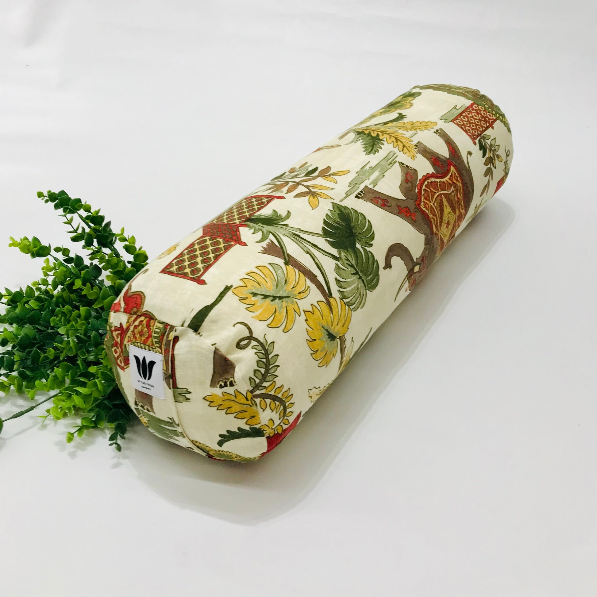 Round yoga bolster in cotton canvas, novelty fabric with India images fabric. Allergy conscious fill with removeable cover. Made in Canada by My Yoga Room Elements