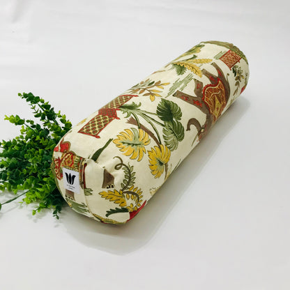 Round yoga bolster in cotton canvas, novelty fabric with India images fabric. Allergy conscious fill with removeable cover. Made in Canada by My Yoga Room Elements