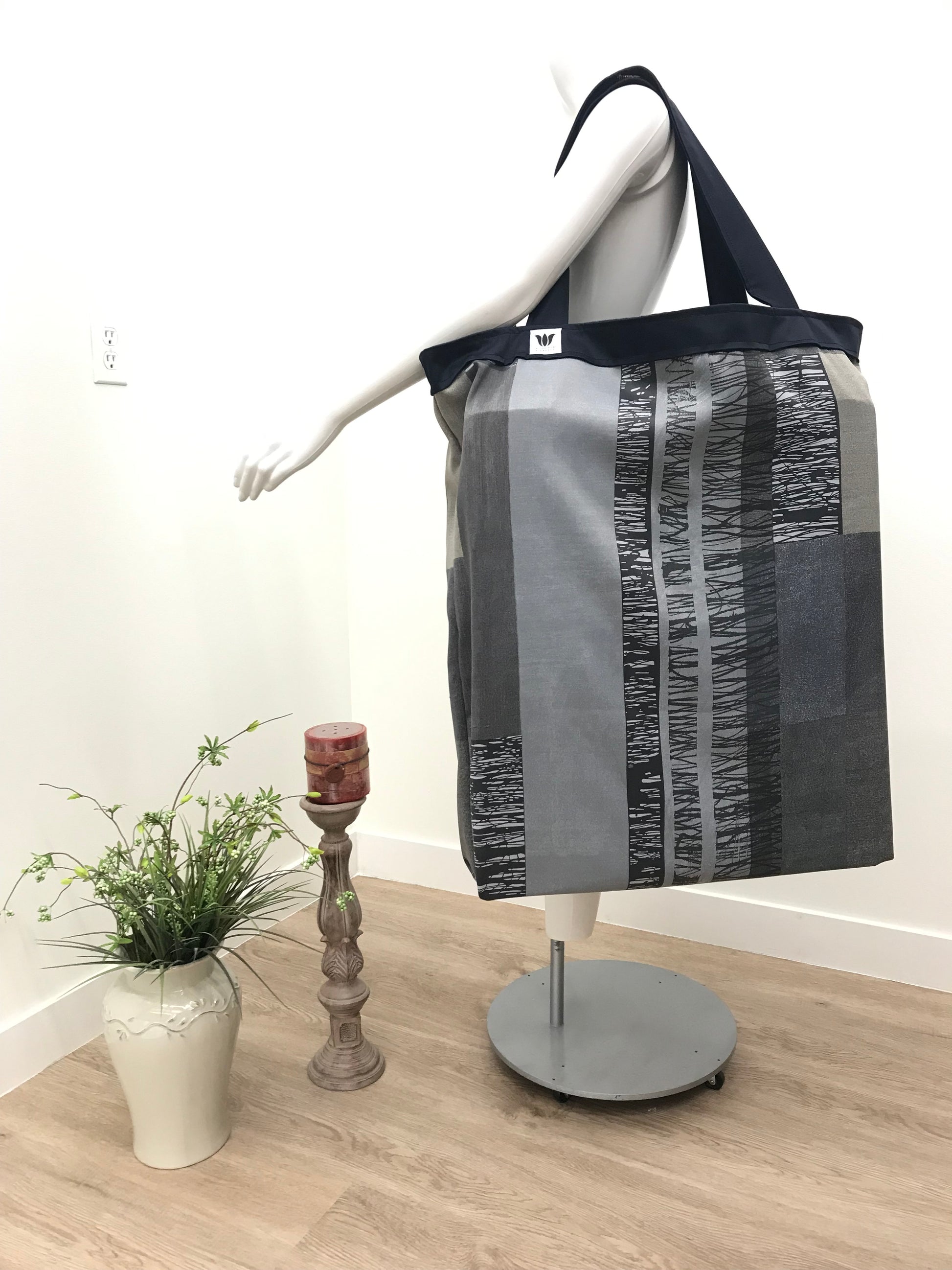 Extra Large Yoga Tote Bag in blue and grey modern graphic print  fabric to carry and or store yoga props for yoga practice. Made in Canada by My Yoga Room Elements