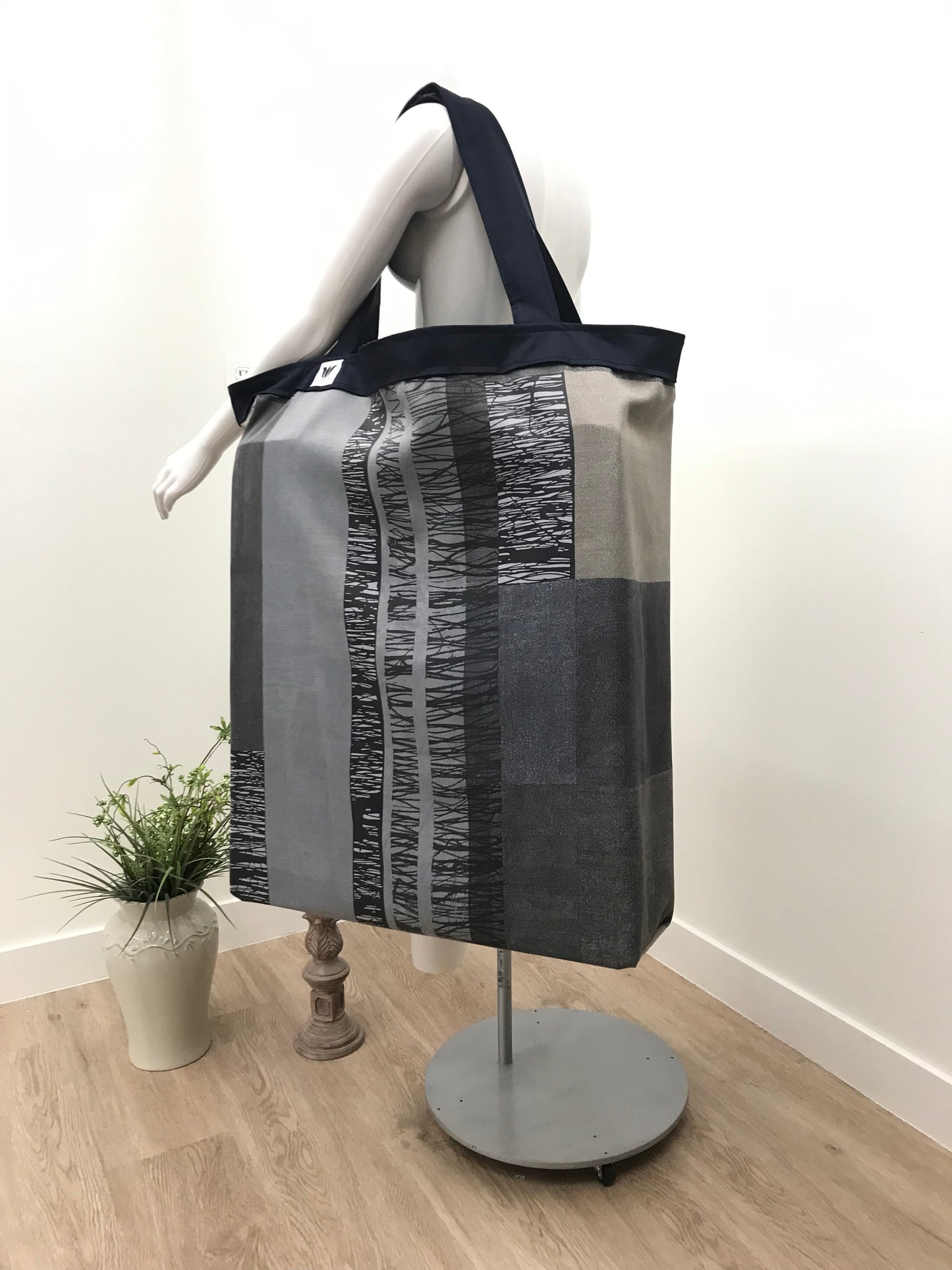 Extra Large Yoga Tote Bag in blue and grey modern graphic print  fabric to carry and or store yoga props for yoga practice. Made in Canada by My Yoga Room Elements