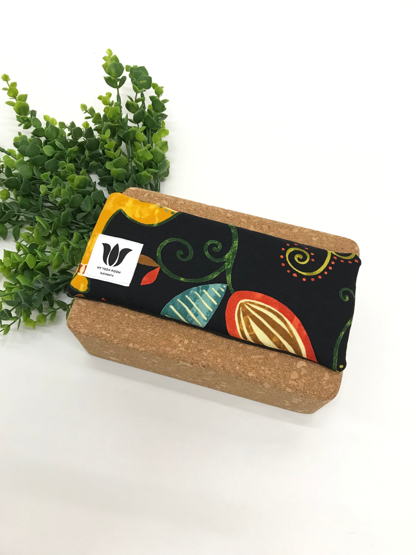 Yoga eye pillow, unscented, therapeutically weighted to soothe eye strain and stress or enhance your savasana. Handcrafted in Canada by My Yoga Room Elements. Rainbow black nature print and bamboo fabric.