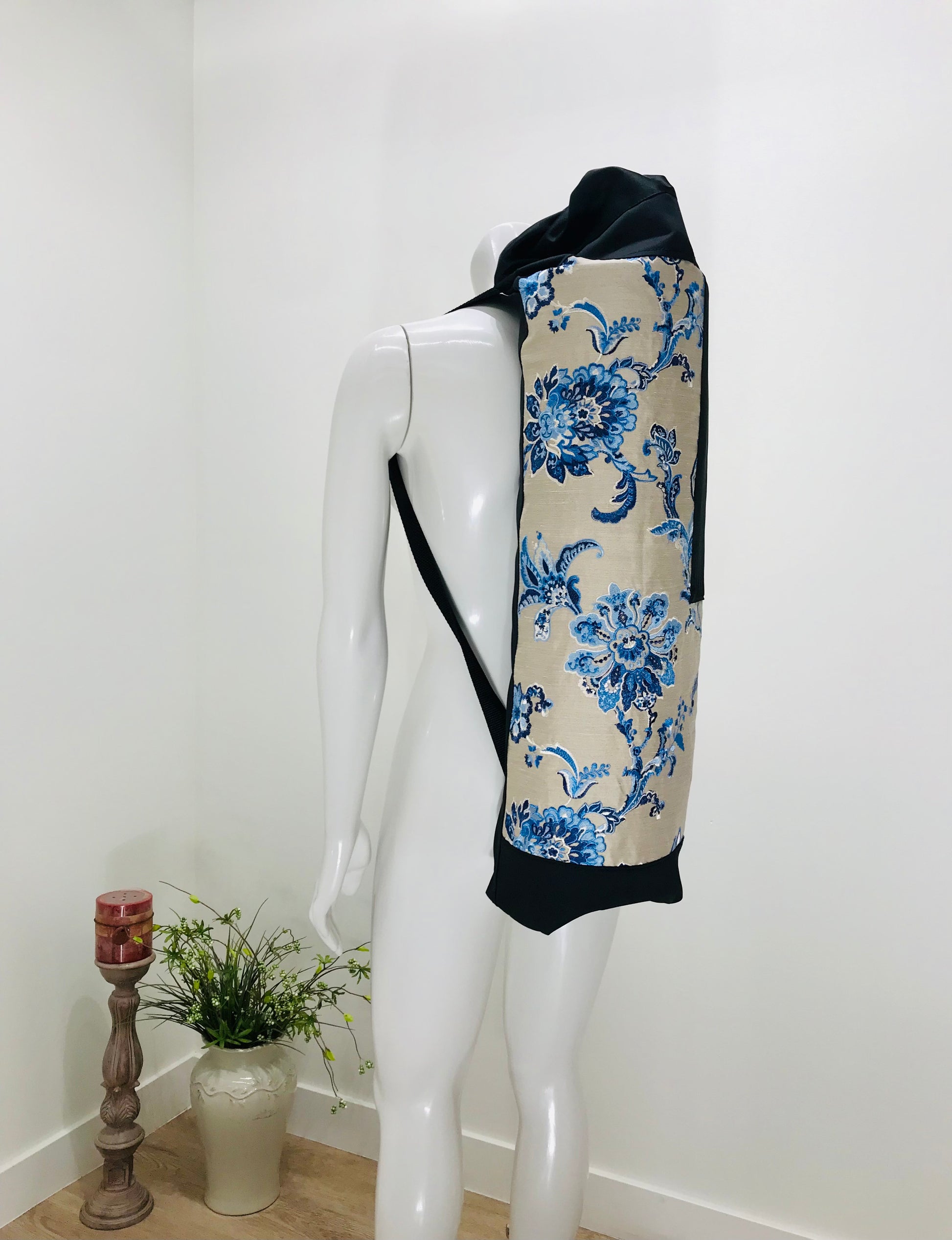 Wide Yoga Mat Bag. Back Pack Yoga Mat Bag. Top drawstring opening with full side zipper opening. Original design by My Yoga Room Elements in Blue Tones Embroidered Linen