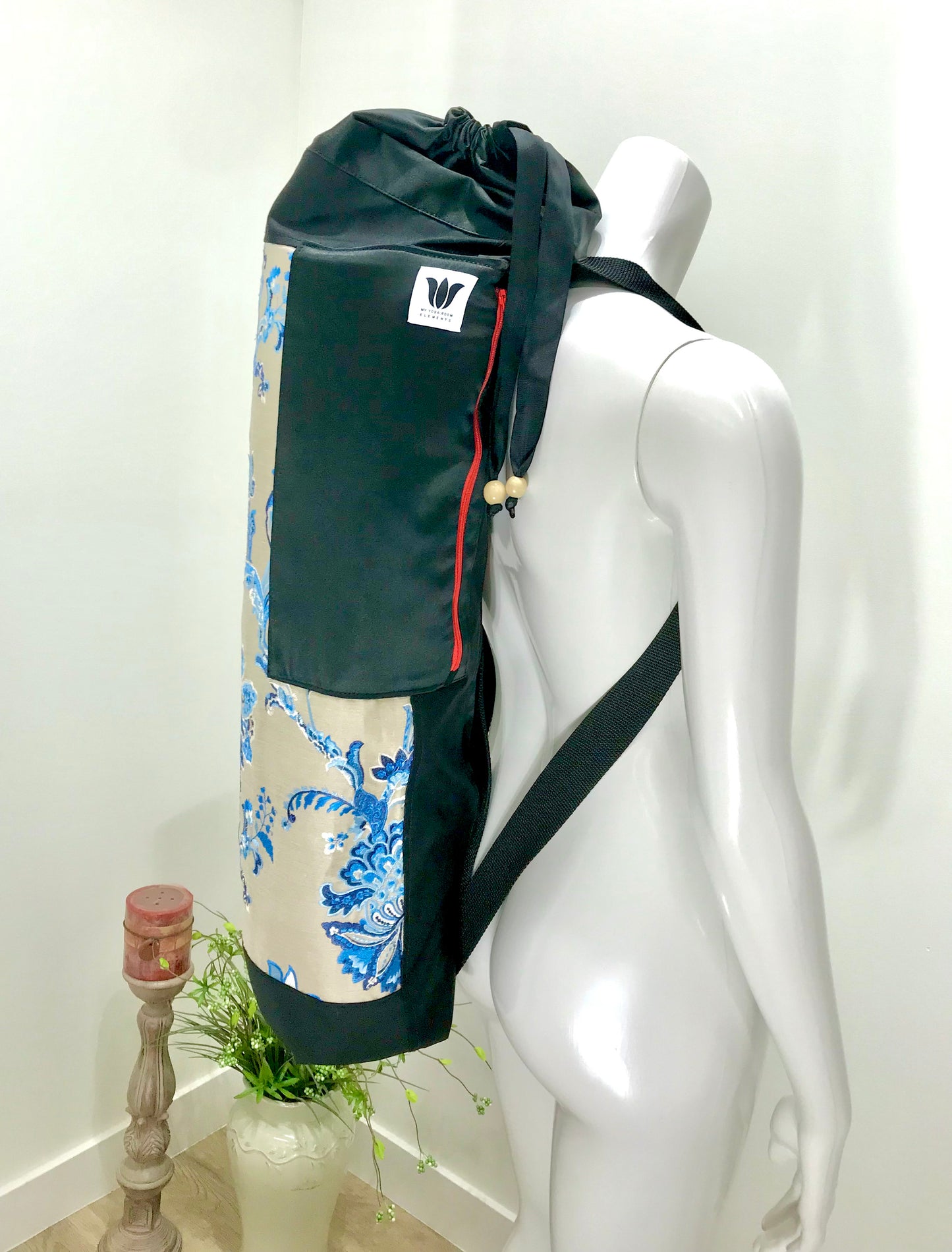 Wide Yoga Mat Bag. Back Pack Yoga Mat Bag. Top drawstring opening with full side zipper opening. Original design by My Yoga Room Elements in Blue Tones Embroidered Linen