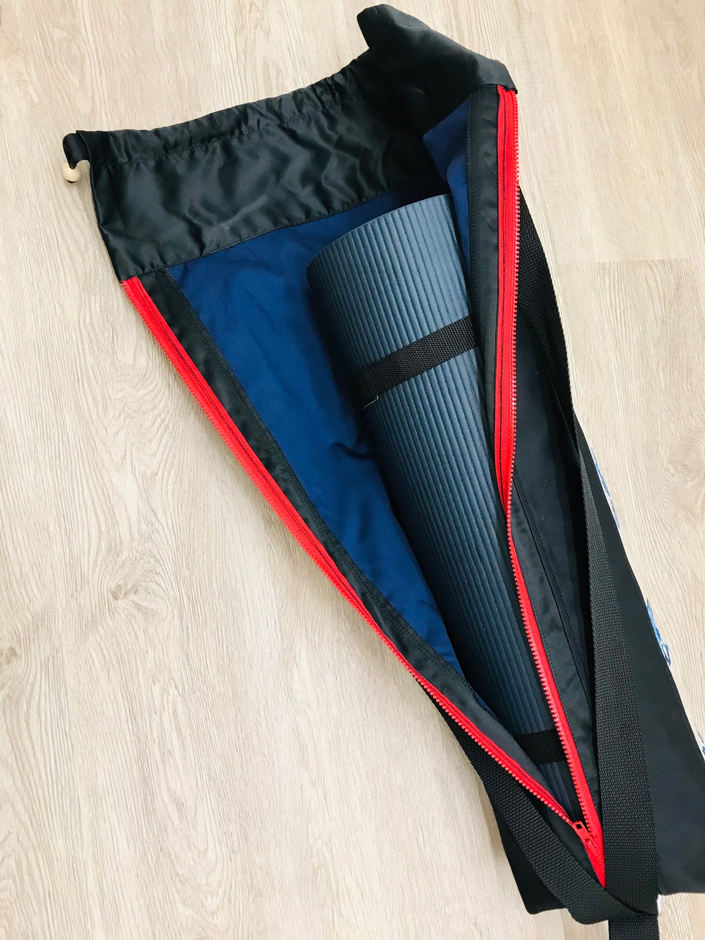 Wide Yoga Mat Bag. Back Pack Yoga Mat Bag. Top drawstring opening with full side zipper opening. Original design by My Yoga Room Elements in Blue Tones Embroidered Linen