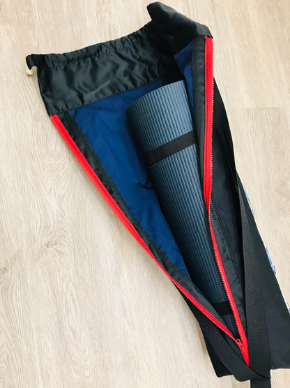 Wide Yoga Mat Bag. Back Pack Yoga Mat Bag. Top drawstring opening with full side zipper opening. Original design by My Yoga Room Elements in Blue Tones Embroidered Linen
