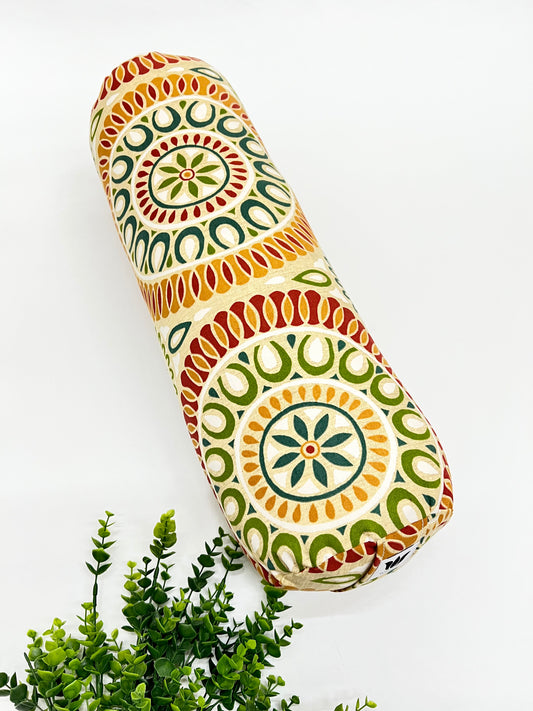 Round yoga bolster in cotton canvas citrus color mandala print fabric. Allergy conscious fill with removeable cover. Made in Canada by My Yoga Room Elements