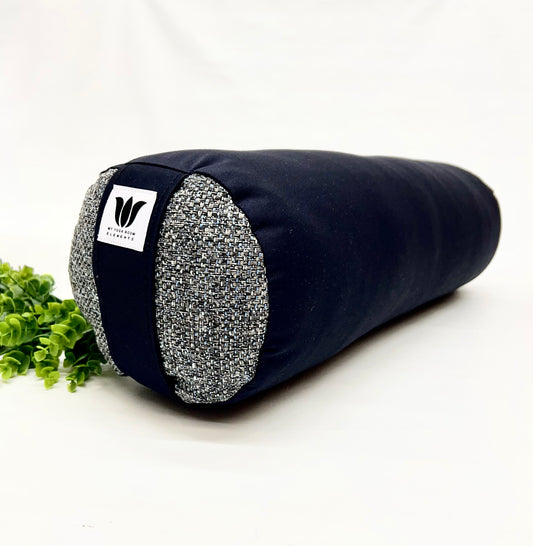 Round yoga bolster in blue and grey print fabric. Allergy conscious fill with removeable cover. Made in Canada by My Yoga Room Elements