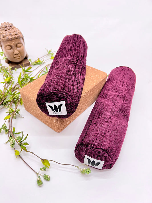 Mini yoga bolster in durable fabric, dark solid purple plush fabric. Cushion and support the body in the practice of yoga and meditation.Removeable cover. Made in Canada by My Yoga Room Elements