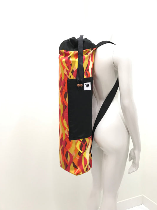 Wide Yoga Mat Bag. Back Pack Yoga Mat Bag. Top drawstring opening with full side zipper opening. Original design by My Yoga Room Elements in MCM Red Yellow Orange Canvas