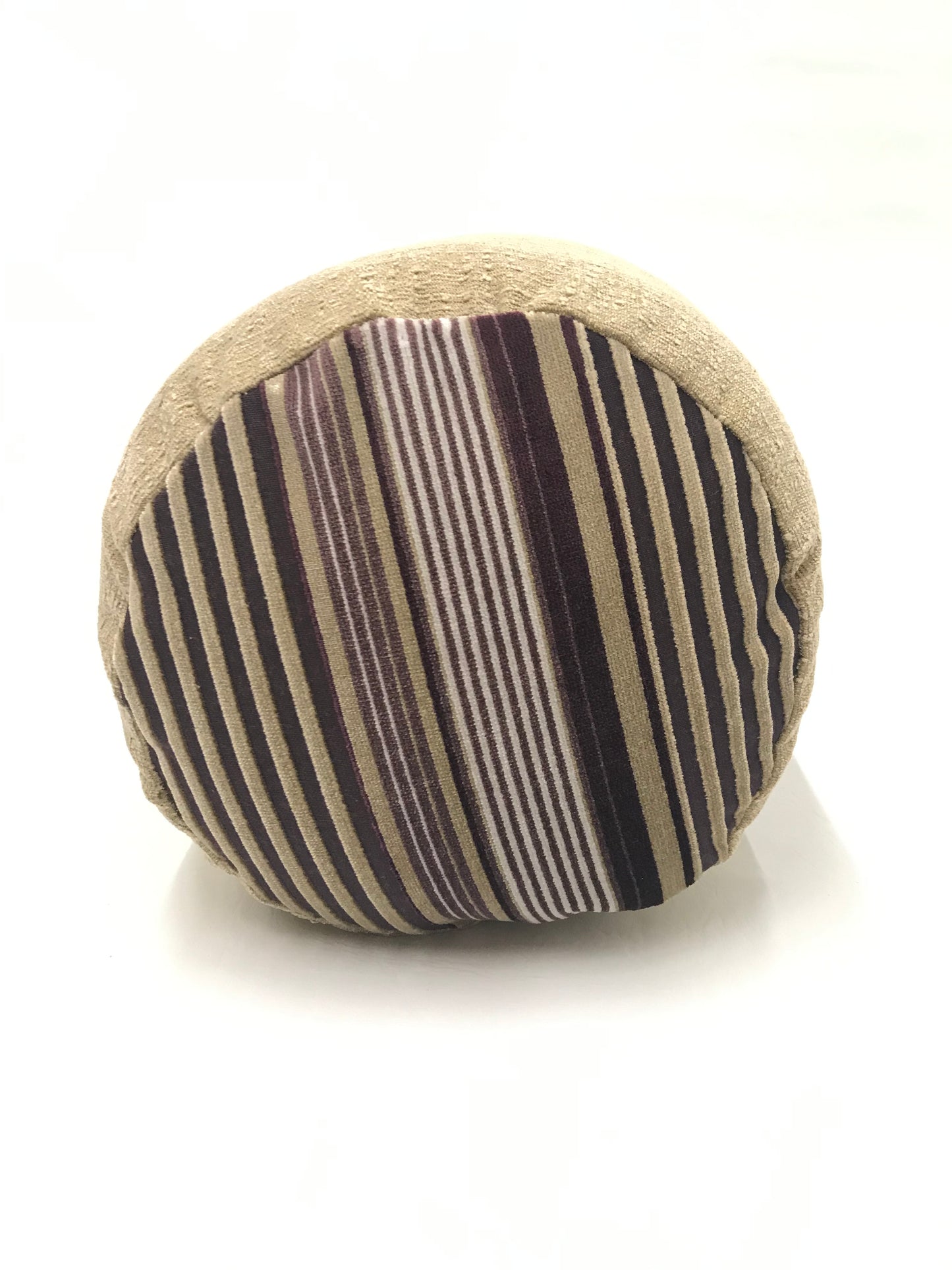 Round yoga bolster in plush brown fabric with matching purple and brown stripe fabric. Allergy conscious fill with removeable cover. Made in Canada by My Yoga Room Elements