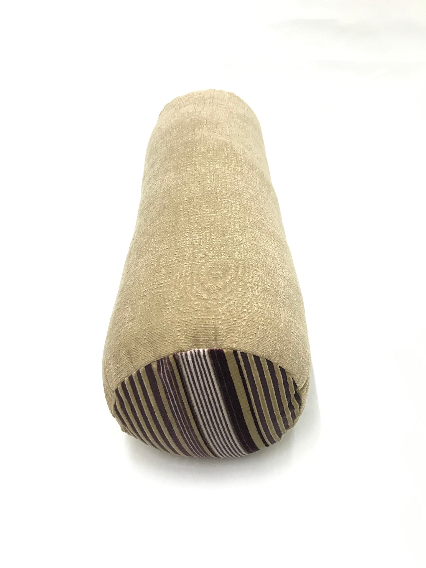 Round yoga bolster in plush brown fabric with matching purple and brown stripe fabric. Allergy conscious fill with removeable cover. Made in Canada by My Yoga Room Elements
