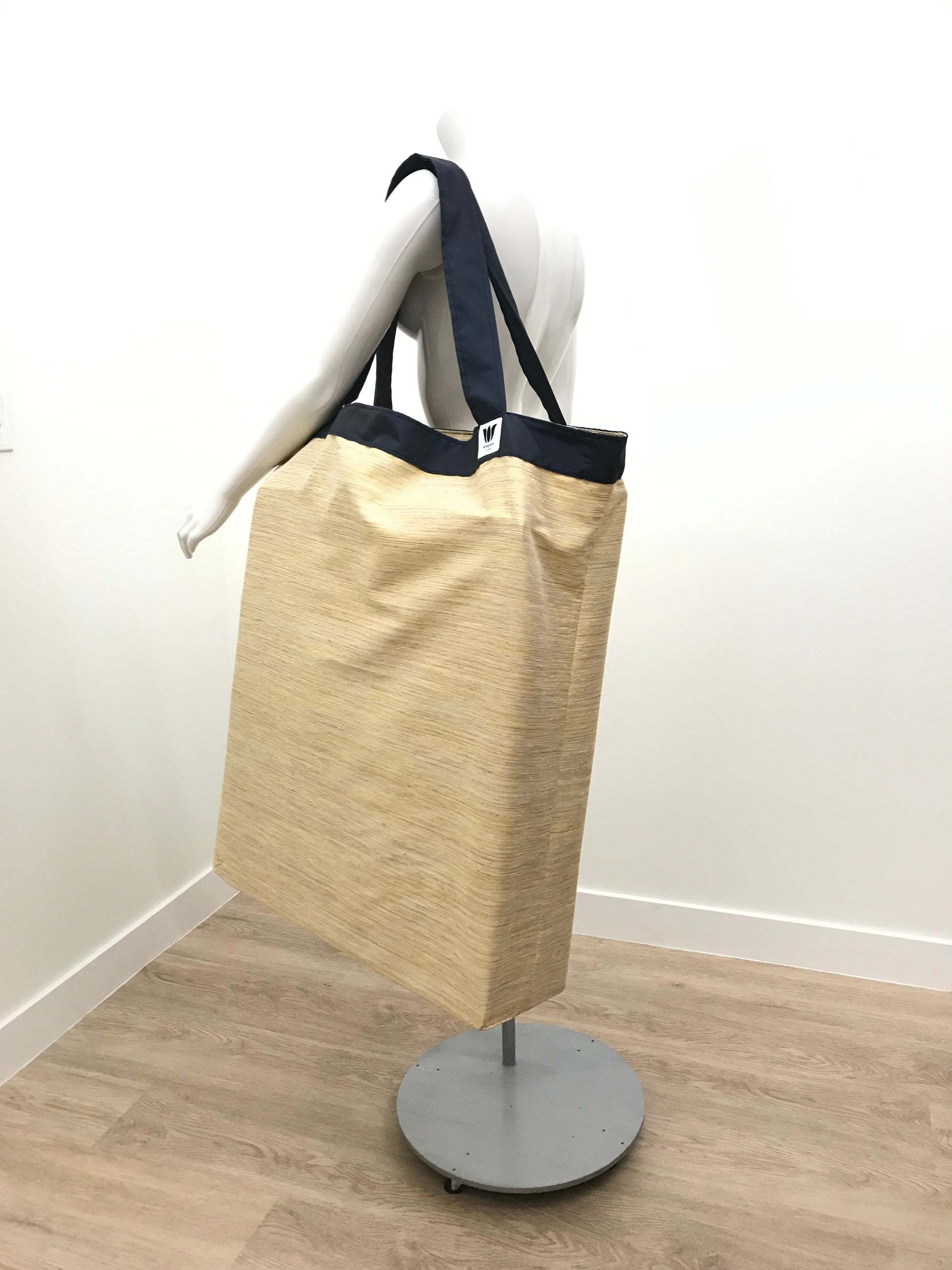 Extra Large Yoga Tote Bag in yellow gold stripe subtle fabric to carry and or store yoga props for yoga practice. Made in Canada by My Yoga Room Elements