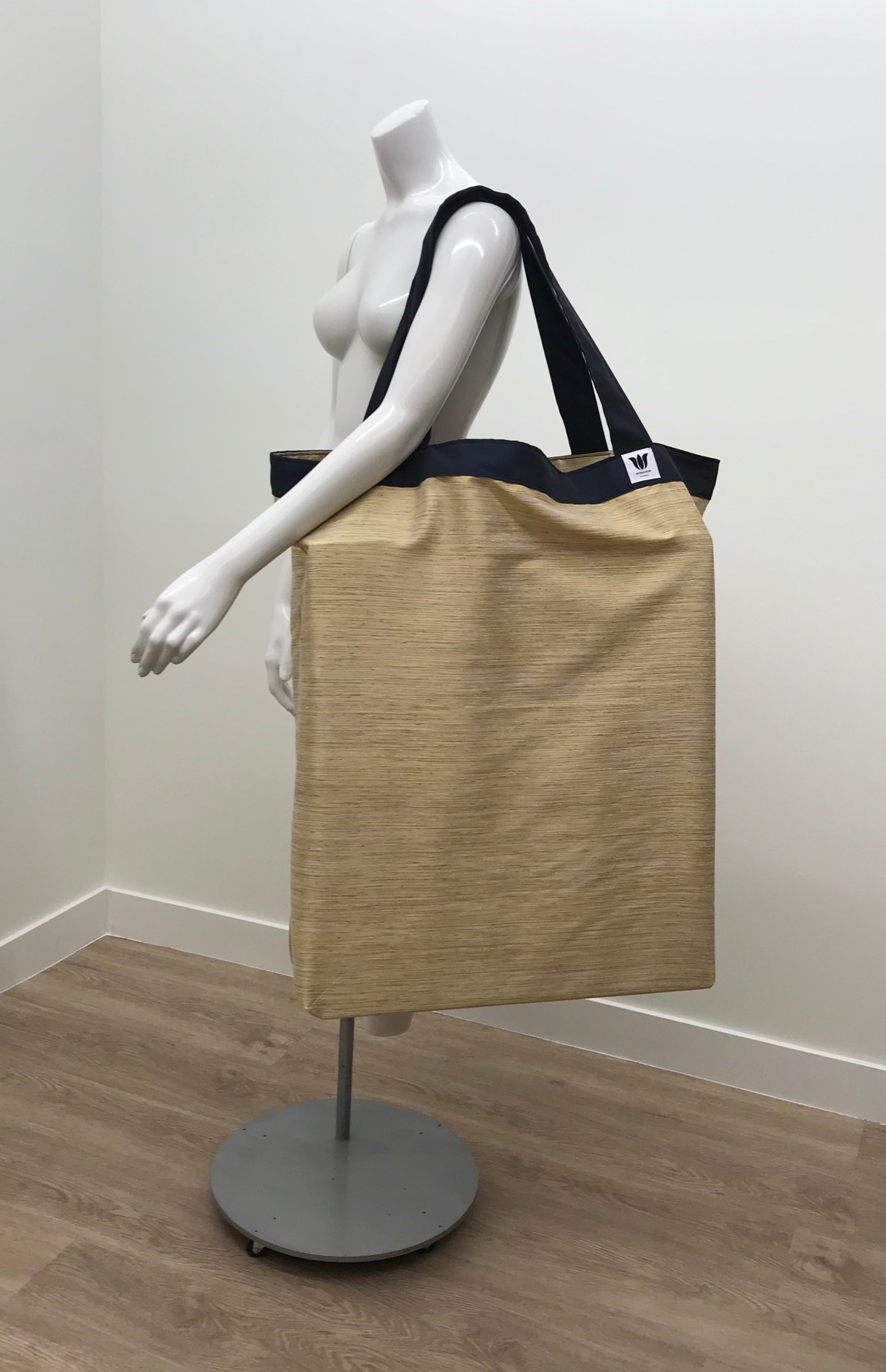 Extra Large Yoga Tote Bag in yellow gold stripe subtle fabric to carry and or store yoga props for yoga practice. Made in Canada by My Yoga Room Elements