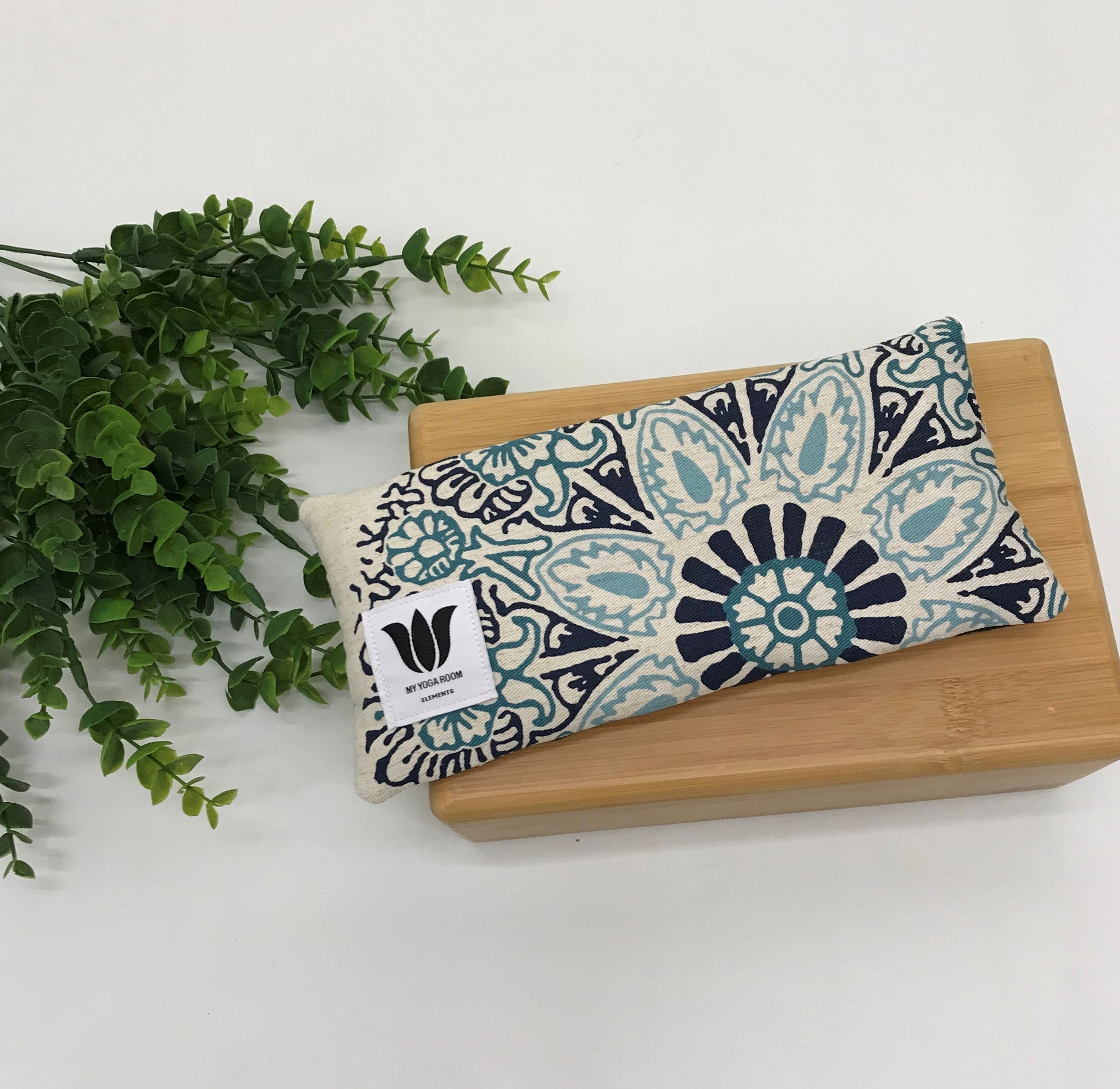 Yoga pillow, unscented, therapeutically weighted to soothe eye strain and stress or enhance your savasana. Handcrafted in Canada by My Yoga Room Elements. Blue  Tone Mandala Linen and bamboo fabric.