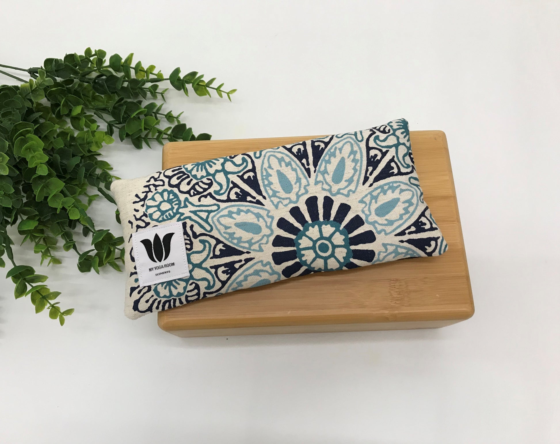 Yoga pillow, unscented, therapeutically weighted to soothe eye strain and stress or enhance your savasana. Handcrafted in Canada by My Yoga Room Elements. Blue  Tone Mandala Linen and bamboo fabric.