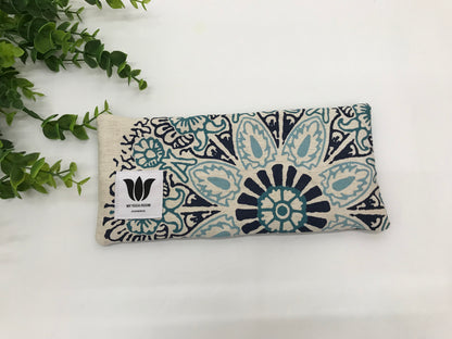 Yoga pillow, unscented, therapeutically weighted to soothe eye strain and stress or enhance your savasana. Handcrafted in Canada by My Yoga Room Elements. Blue  Tone Mandala Linen and bamboo fabric.