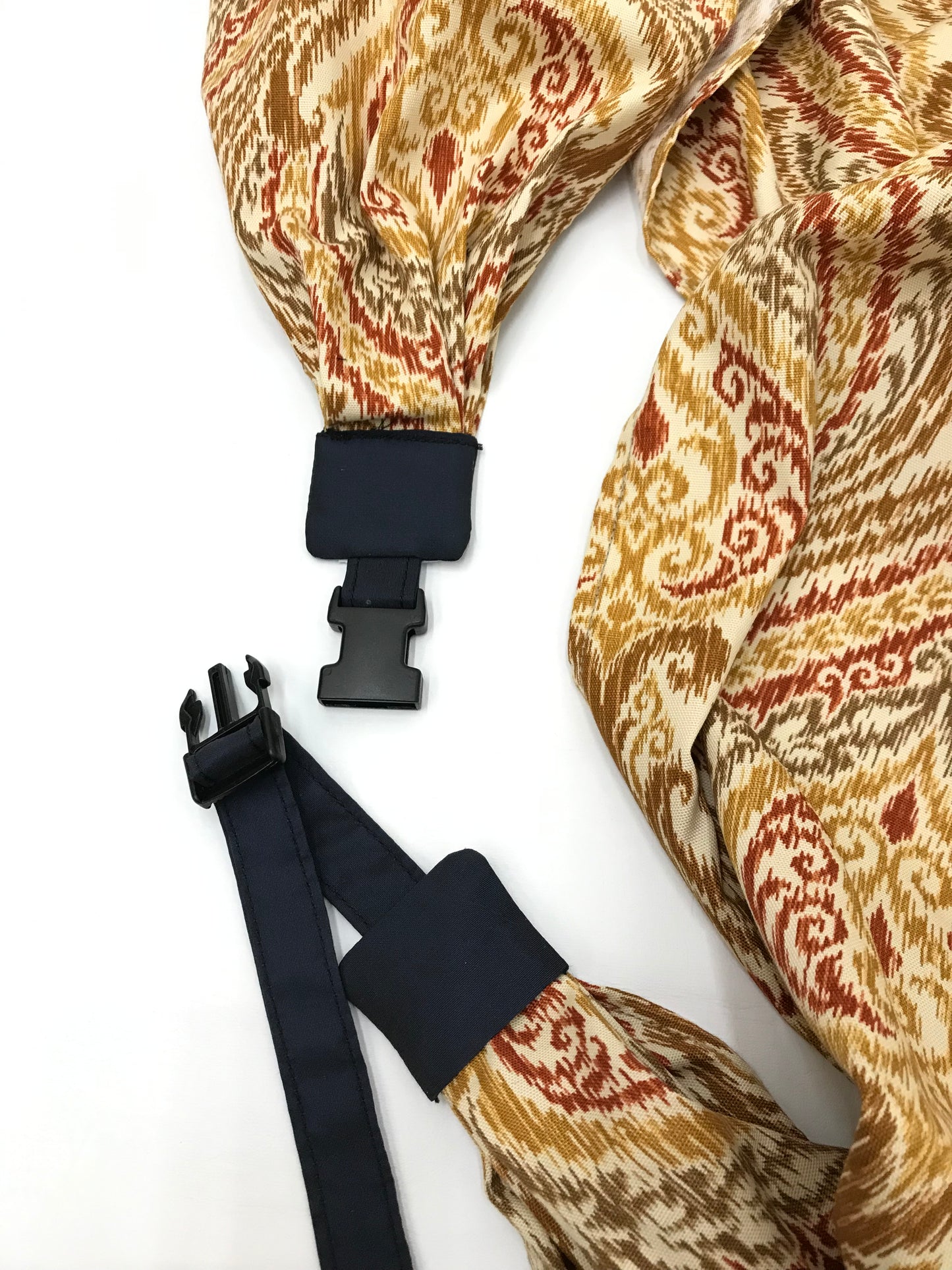 Turn your infinity scarf into a support for your meditation practice, quick snap and adjust to align the spine and sit in comfort. Created by My Yoga Room Elements and produced in Canada . Orange and Gold Damask