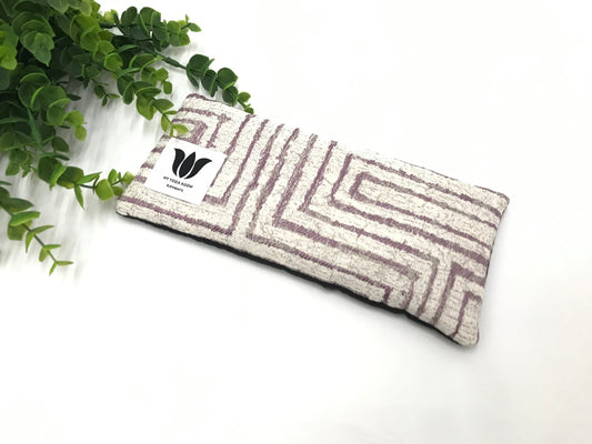 Yoga eye pillow, unscented, therapeutically weighted to soothe eye strain and stress or enhance your savasana. Handcrafted in Canada by My Yoga Room Elements. Purple and pearl modern print and bamboo fabric.