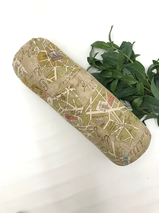 Round yoga bolster in map of france novelty print in sage green. Allergy conscious fill with removeable cover. Made in Canada by My Yoga Room Elements
