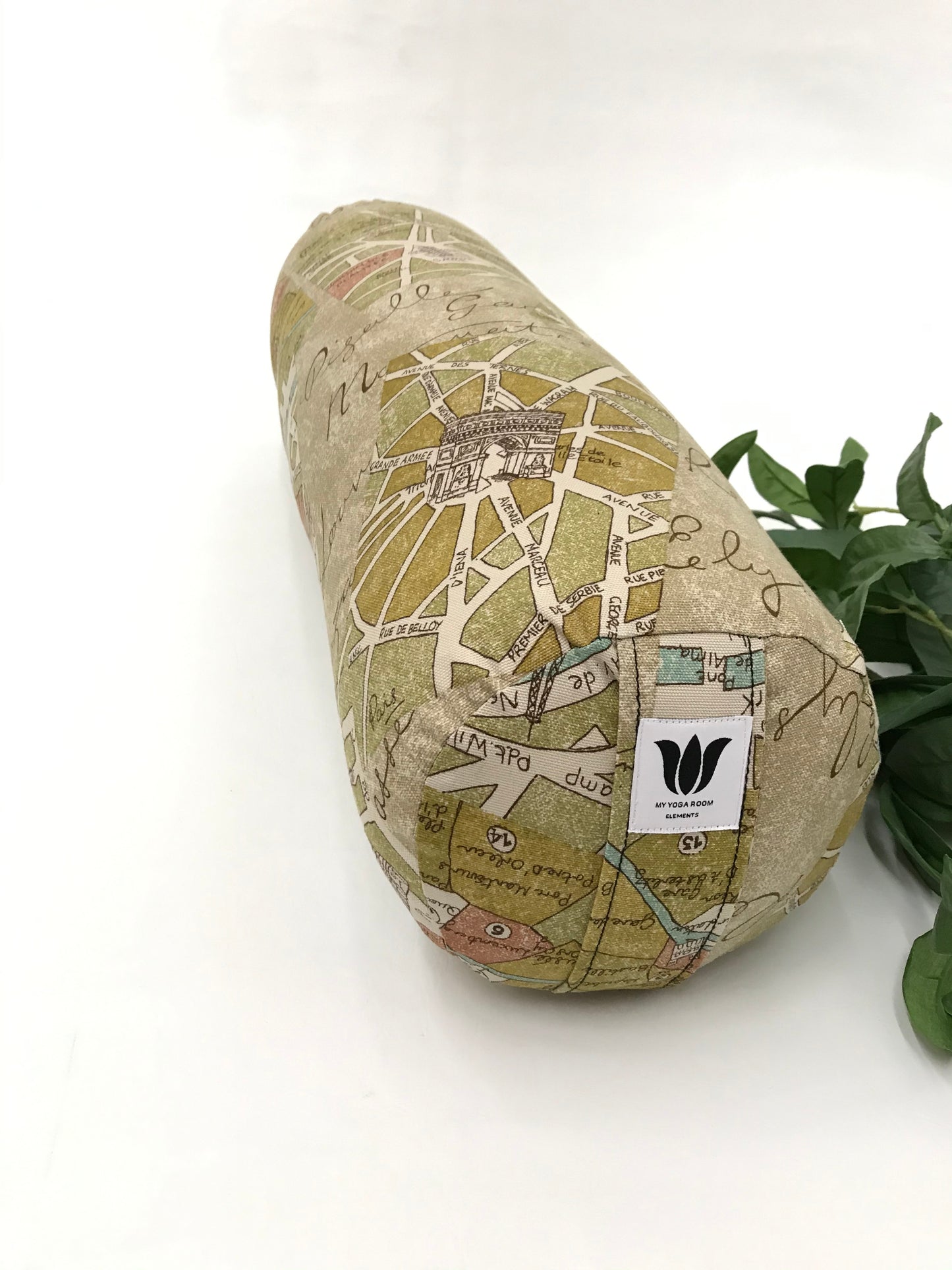 Round yoga bolster in map of france novelty print in sage green. Allergy conscious fill with removeable cover. Made in Canada by My Yoga Room Elements