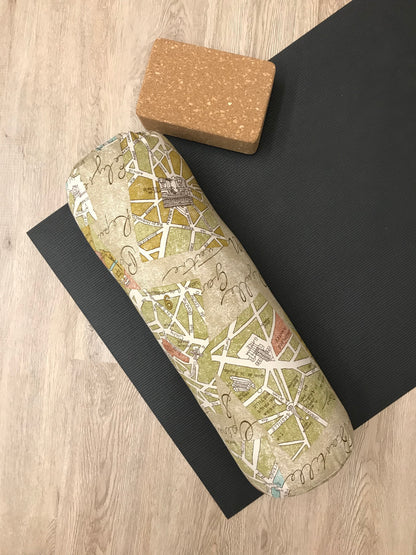 Round yoga bolster in map of france novelty print in sage green. Allergy conscious fill with removeable cover. Made in Canada by My Yoga Room Elements