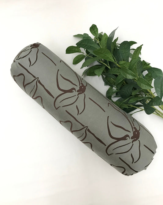 Round yoga bolster in textured linen fabric, line floral graphic in sage and brown fabric. Allergy conscious fill with removeable cover. Made in Canada by My Yoga Room Elements