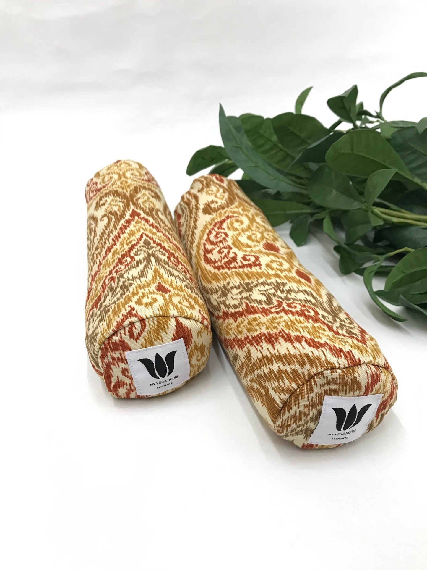 Mini yoga bolster in durable fabric, red gold beige damask print fabric. Cushion and support the body in the practice of yoga and meditation.Removeable cover. Made in Canada by My Yoga Room Elements