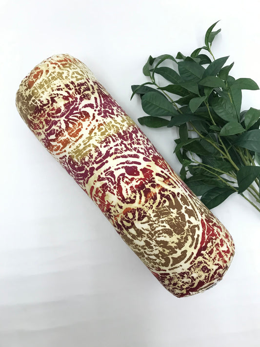 Round yoga bolster in durable cotton canvas, pink, yellow, orange, beige mottled print fabric. Allergy conscious fill with removeable cover. Made in Canada by My Yoga Room Elements