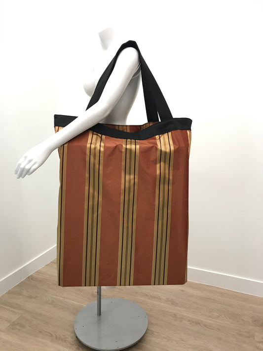 Extra Large Yoga Tote Bag in brown and gold stripe fabric to carry and or store yoga props for yoga practice. Made in Canada by My Yoga Room Elements
