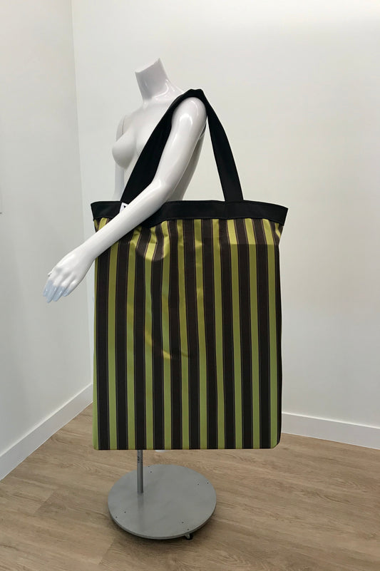 Extra Large Yoga Tote Bag in trendy purple and green stripe to carry and or store yoga props for yoga practice. Made in Canada by My Yoga Room Elements