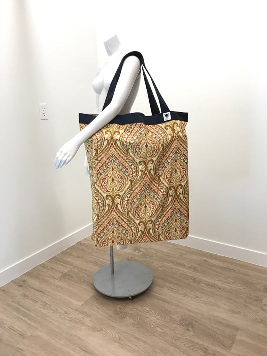 Extra Large Yoga Tote Bag in Ikat Print cotton canvas fabric to carry and or store yoga props for yoga practice. Made in Canada by My Yoga Room Elements