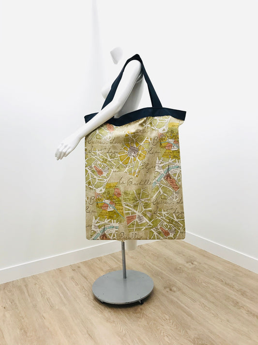 Extra Large Yoga Tote Bag in France Map novelty cotton canvas fabric to carry and or store yoga props for yoga practice. Made in Canada by My Yoga Room Elements