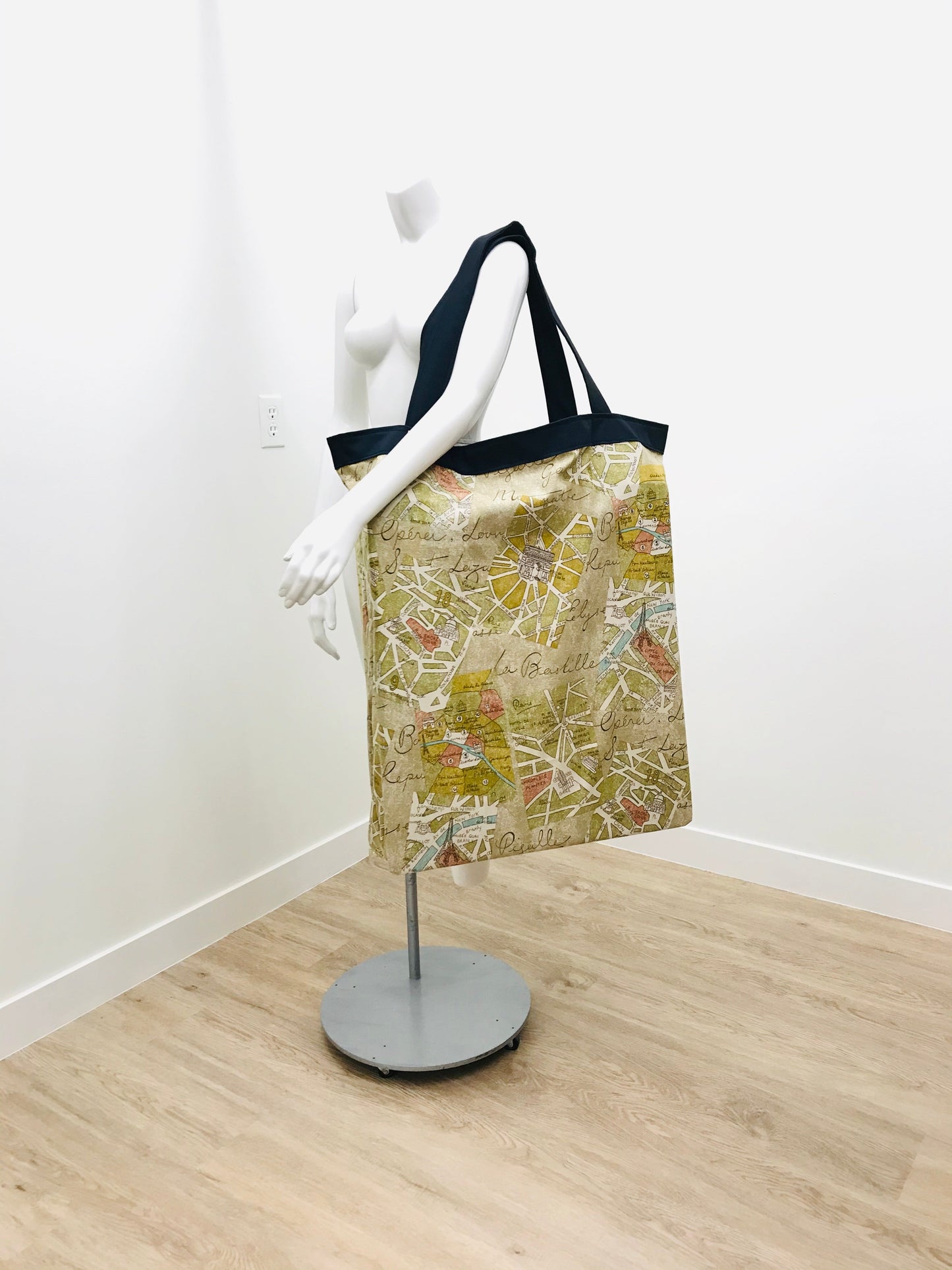 Extra Large Yoga Tote Bag in France Map novelty cotton canvas fabric to carry and or store yoga props for yoga practice. Made in Canada by My Yoga Room Elements