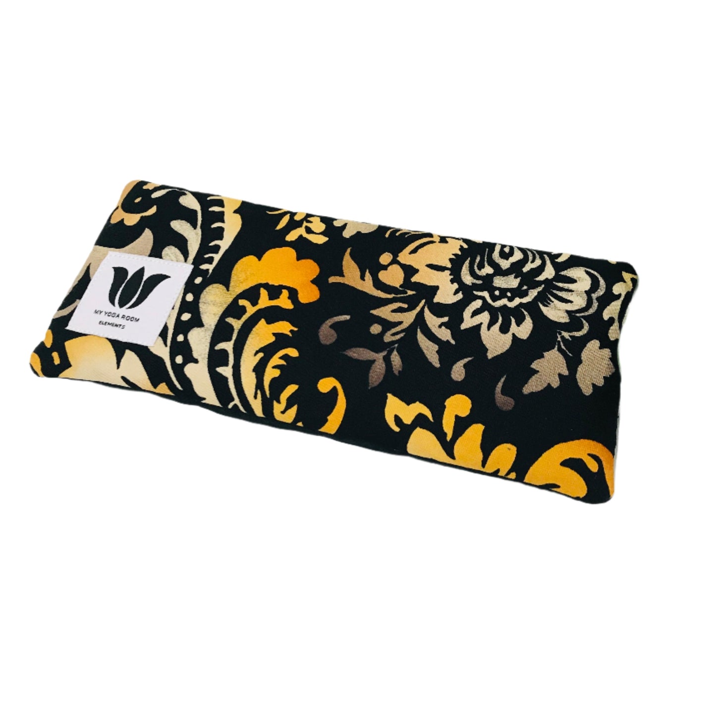 Yoga eye pillow, unscented, therapeutically weighted to soothe eye strain and stress or enhance your savasana. Handcrafted in Canada by My Yoga Room Elements. Autumn damask print and bamboo fabric.