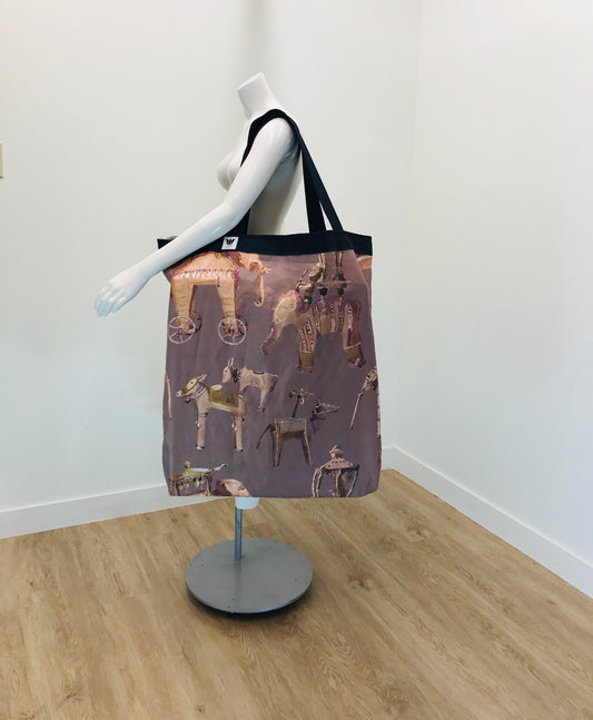 Extra Large Yoga Tote Bag in novelty print of African Animals in linen fabric to carry and or store yoga props for yoga practice. Made in Canada by My Yoga Room Elements