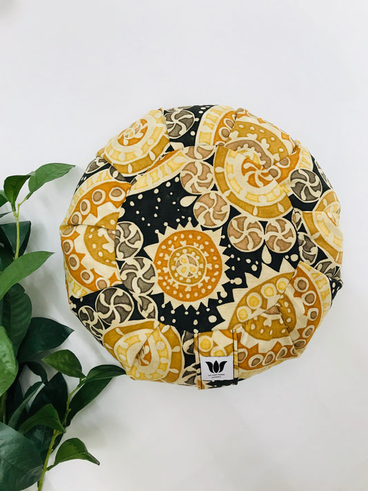 Handcrafted premium cotton canvas fabric meditation seat cushion in black gold and beige modern graphic fabric. Align the spine and body in comfort to calm the monkey mind in your meditation practice. Handcrafted in Calgary, Alberta Canada