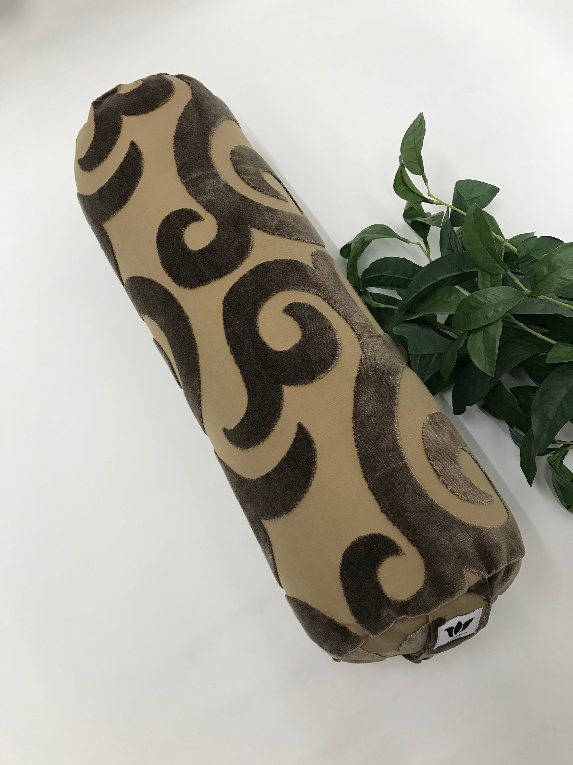 Round yoga bolster in plush brown cotton and linen swirl print fabric . Allergy conscious fill with removeable cover. Made in Canada by My Yoga Room Elements