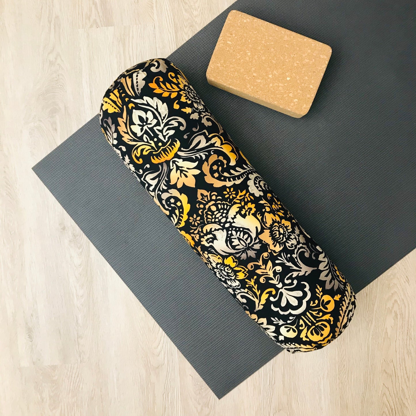 Round yoga bolster in Tiger Colour damask print fabric. Allergy conscious fill with removeable cover. Made in Canada by My Yoga Room Elements