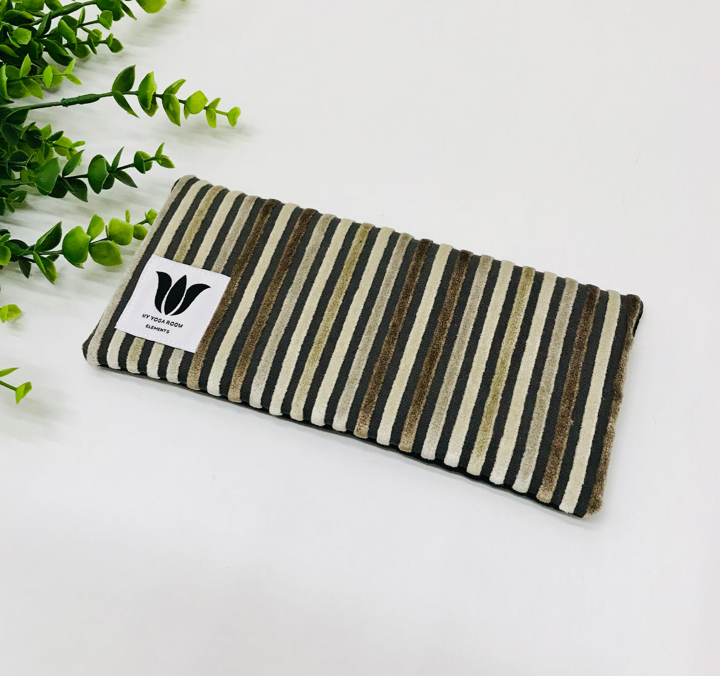 Yoga eye pillow, unscented, therapeutically weighted to soothe eye strain and stress or enhance your savasana. Handcrafted in Canada by My Yoga Room Elements. Brown plush stripe print and bamboo fabric.