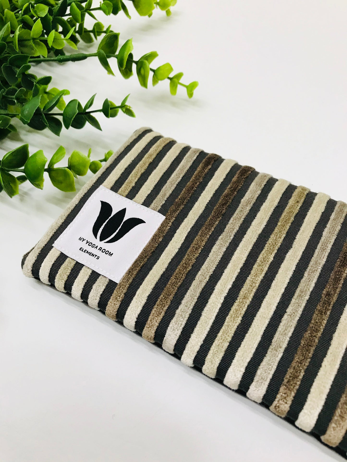 Yoga eye pillow, unscented, therapeutically weighted to soothe eye strain and stress or enhance your savasana. Handcrafted in Canada by My Yoga Room Elements. Brown plush stripe print and bamboo fabric.