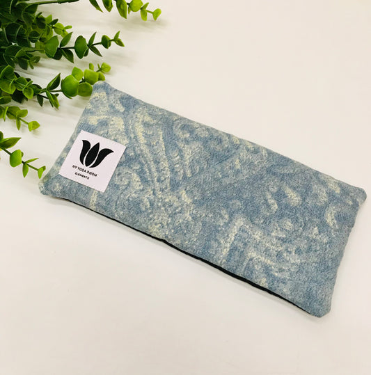 Yoga pillow, unscented, therapeutically weighted to soothe eye strain and stress or enhance your savasana. Handcrafted in Canada by My Yoga Room Elements. Blue  Tone Mandala Linen and bamboo fabric.