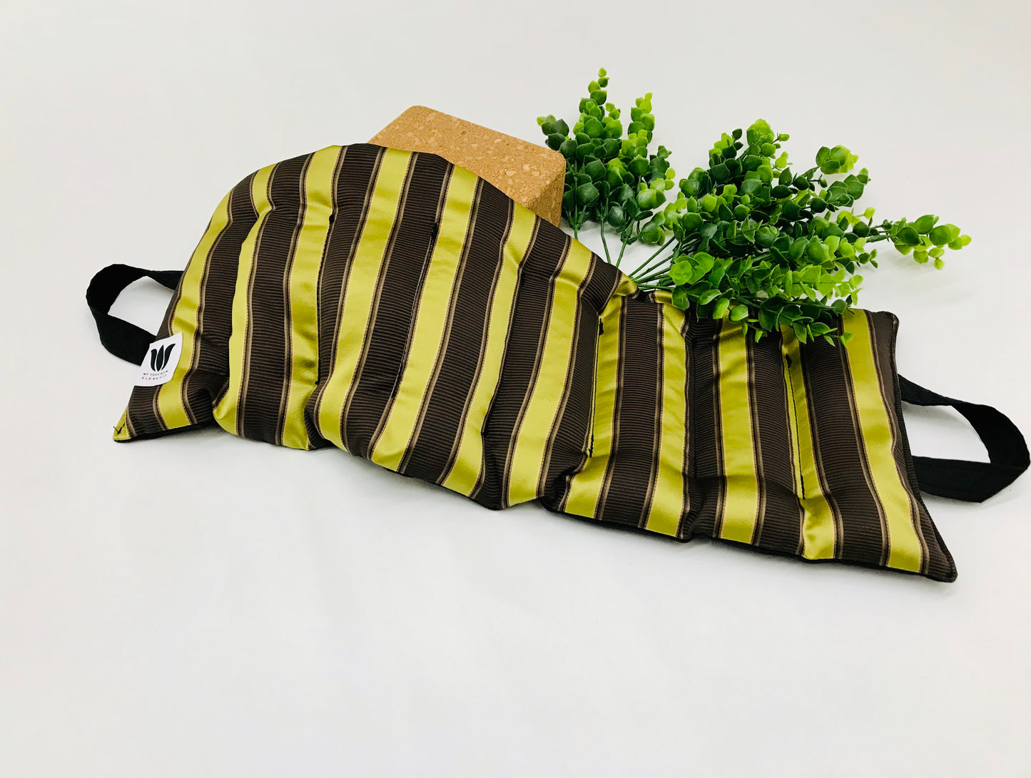 Yoga Sandbag version by My Yoga Room Elements. Add grounding to your practice with this heatable yoga prop. Handcrafted in Calgary in sateen striped fabric.