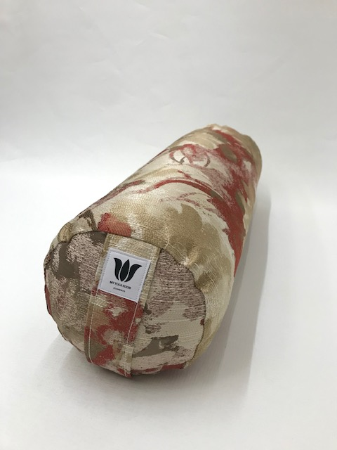 Round yoga bolster in durable fabric, muted watercolor in red and gold fabric. Allergy conscious fill with removeable cover. Made in Canada by My Yoga Room Elements