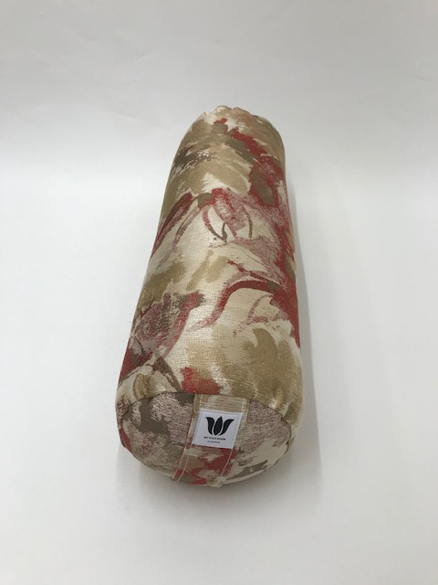 Round yoga bolster in durable fabric, muted watercolor in red and gold fabric. Allergy conscious fill with removeable cover. Made in Canada by My Yoga Room Elements