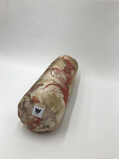 Round yoga bolster in durable fabric, muted watercolor in red and gold fabric. Allergy conscious fill with removeable cover. Made in Canada by My Yoga Room Elements