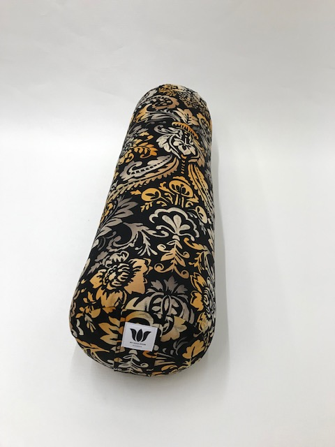 Round yoga bolster in Tiger Colour damask print fabric. Allergy conscious fill with removeable cover. Made in Canada by My Yoga Room Elements