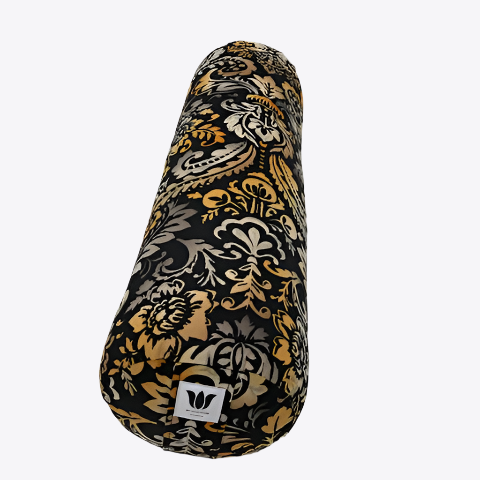 Round yoga bolster in Tiger Colour damask print fabric. Allergy conscious fill with removeable cover. Made in Canada by My Yoga Room Elements