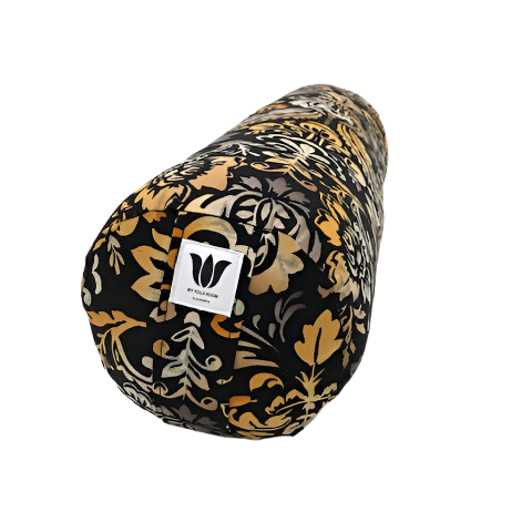 Round yoga bolster in Tiger Colour damask print fabric. Allergy conscious fill with removeable cover. Made in Canada by My Yoga Room Elements