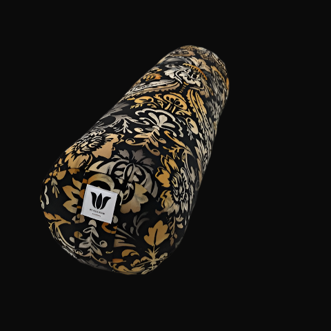 Round yoga bolster in Tiger Colour damask print fabric. Allergy conscious fill with removeable cover. Made in Canada by My Yoga Room Elements