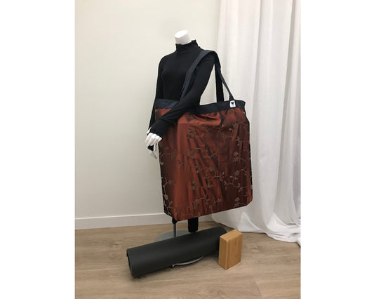 Extra Large Yoga Tote Bag in bronze floral print to carry and or store yoga props for yoga practice. Made in Canada by My Yoga Room Elements
